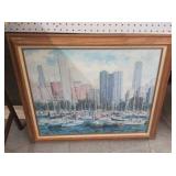 Framed Chicago waterfront serigraph.