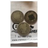 3 Barber silver quarters 1893,99,08