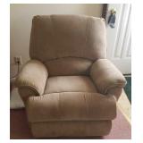 Upholstered swivel rocker/recliner, tan