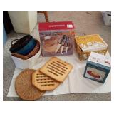 Kitchen items: cheese set, chip sets, baskets