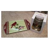 Glass hurricane lamp & cardinal serving tray