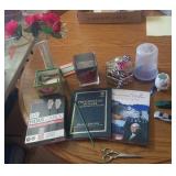 Coin books, HDMI cable, decor, toy cars, etc.