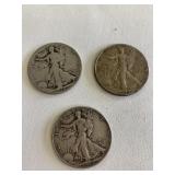 3 Walking Liberty Half Dollars.  1918 and 2 1945