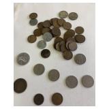 37 wheat cents, 2 buffalo, 2 V nickels, foreign