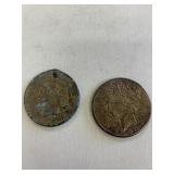 2 Peace Silver Dollars, one with hole