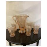 Pink Depression Pitcher and 5 tumblers