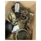 Bargain box:  glasses, pan, lock box, coffee cup