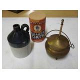 Crock jug, brass pot, & Quaker Oats box