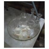 Punch bowl w 8 cups, candlesticks, chimneys