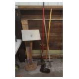 Tools, partial fireplace set, & music stand
