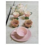 Pink tea pot, cup & saucer, etc
