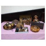 Gold tone decor, metal spiders, painted gourd