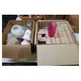 12 cranberry vases & 12  lamp shades