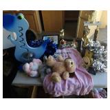 Trophies,  dinosaur bank,  stuffed animals, frames