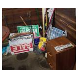 File cabinet,  lawn chair, signs, etc.