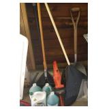 Yard tools, crutches, bed frame, cleaning products