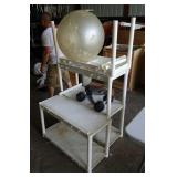 Plastic shelving, weights, pool stick, beach ball