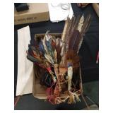 Western feather items, tooled leather bag
