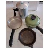 Cast iron skillet, Club pan & skillet, coffee pot