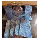 12pc Blue Plastic Pitcher, Cups, Napkins, Placemat