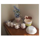 Stoneware pitcher, cow planter, & more