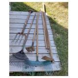 Yard Tools, 2 Rakes, Hoe, Picker,