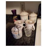 2pc Canisters, 2 Soup Bowls, Crock, Glass,Vase