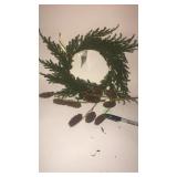 Sm cedar wreath and 1 pine cone greenery