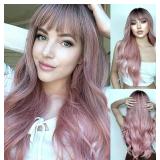 New Long Pink Wig with bangs For Women Ombre