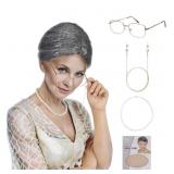 New Old Lady Wig And Glasses Grey Wig Short