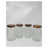 Set Of 4 Flowered Design Glass Jars W/ Wood Lid