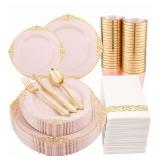 Morejoy 175pcs Pink Gold Plastic Plates-Pink