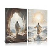 New 2Pcs Jesus Walking on Water Canvas Wall Art