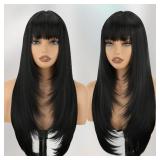 Black Long Straight Layered Wig with Bangs for Wom