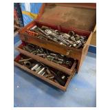 Vintage Red Tool box full of tools and sockets. Ev