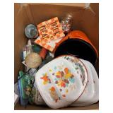 Large box full of seasonal fall and Halloween deco
