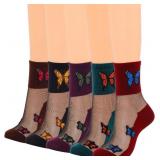 Campsis Sheer Butterfly Pattern Ankle Socks, 5 Pai