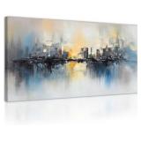 Large Hand-Painted Abstract Wall Art Blue Gray Whi