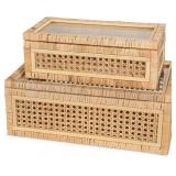 Large Handwoven Boho Rattan Display Boxes with Gla