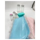 5 glass spice containers , one silicone oven mitt