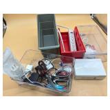 Plastic bins, scissors, tape measure, office suppl