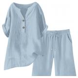 Size XL Linen Sets for Women 2 Piece Button Short