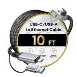 USB-C/USB-A to Ethernet Cable 10ft, Built-in Type-