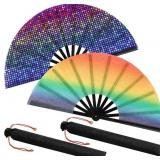 Boao 2 Pcs Large Rainbow Rave Folding Hand Fans fo