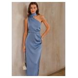Size XS Blue One Shoulder A-Line Satin Maxi Dress