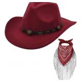 Cowboy Hat with Fringed Bandana Set for Women Wide