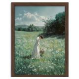 Framed Canvas Wall Art of Girl Picking Flowers in