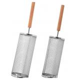 Stainless Steel Rolling Grilling Basket with Woode