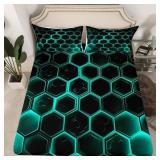 3D Honeycomb Fitted Sheet Twin Size,Neon Light Hex