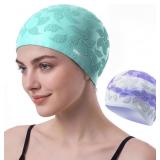 Women Swim Cap 2 Pack for Long Hair, Silicone Flow